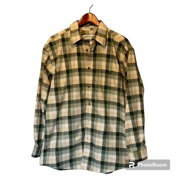 Orvis Long Sleeve Green Tan Plaid Shirt Button Down Men's L 100 Cotton Stripes - Picture 1 of 4